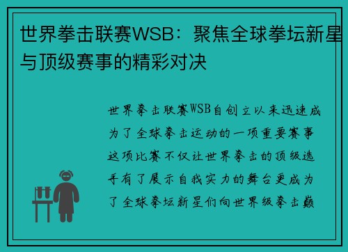 世界拳击联赛WSB：聚焦全球拳坛新星与顶级赛事的精彩对决