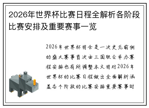 2026年世界杯比赛日程全解析各阶段比赛安排及重要赛事一览