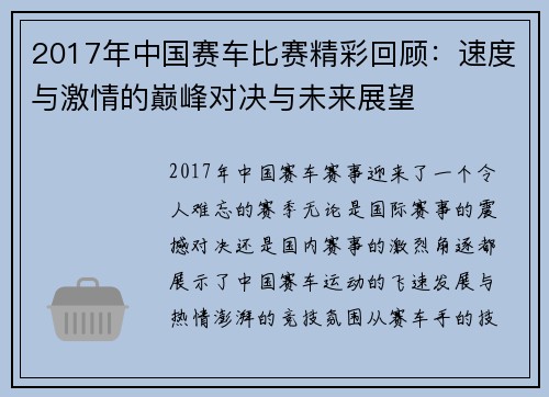 2017年中国赛车比赛精彩回顾：速度与激情的巅峰对决与未来展望