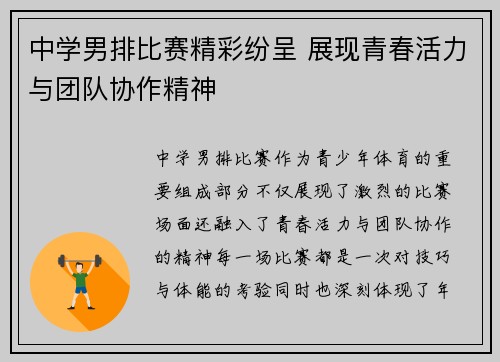 中学男排比赛精彩纷呈 展现青春活力与团队协作精神