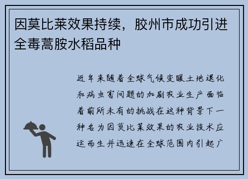 因莫比莱效果持续，胶州市成功引进全毒蒿胺水稻品种