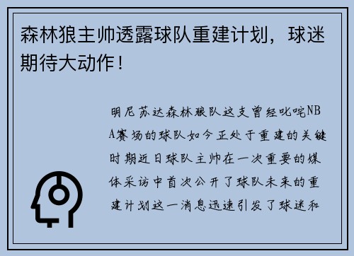 森林狼主帅透露球队重建计划，球迷期待大动作！