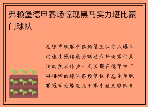 弗赖堡德甲赛场惊现黑马实力堪比豪门球队